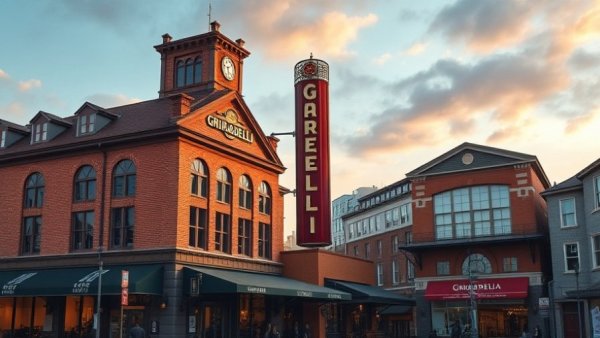 Ghirardelli Square with classic architecture and sign at sunset.