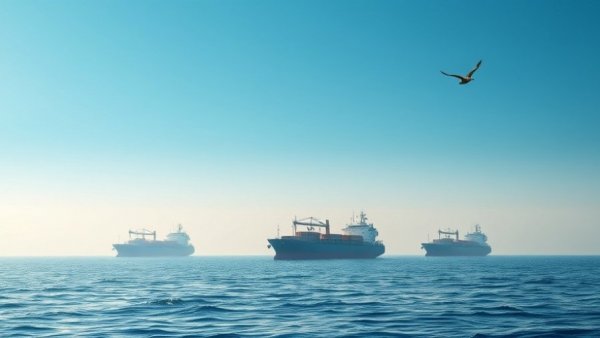 Calm sea with cargo ships under a hazy blue sky, U.S. denies Iran claim of striking American vessel.