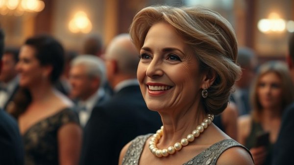 Elegant woman smiling at formal event, Doris Fisher Gap co-founder