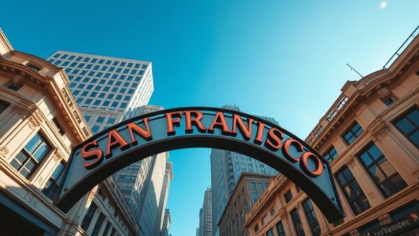 San Francisco sign with skyscraper and clear sky, May weather.