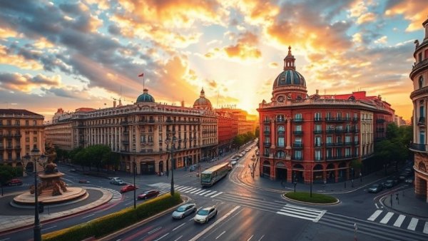 Madrid's Gran Via at sunset with dynamic traffic light trails.