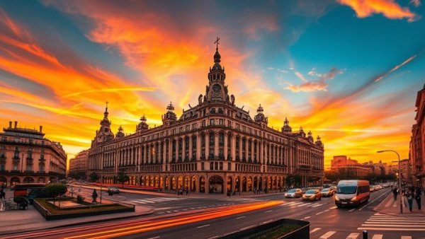 Iconic Metropolis Building in Madrid at sunset with light trails.