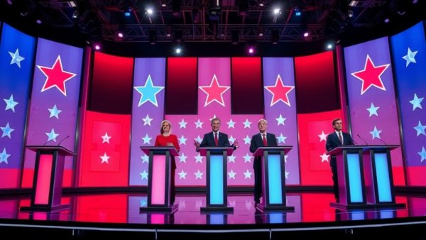 California gubernatorial debate with candidates on stage and colorful backdrop.