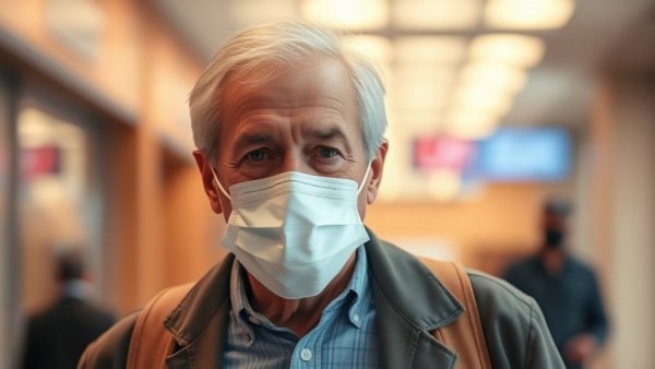 Man in mask walking indoors, San Francisco local news.
