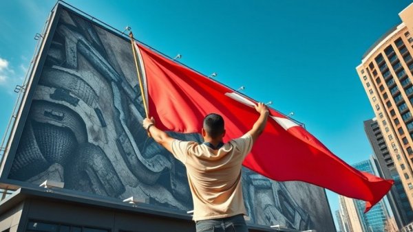 Man with Iranian flag in front of billboard related to Iranian tankers attacks.