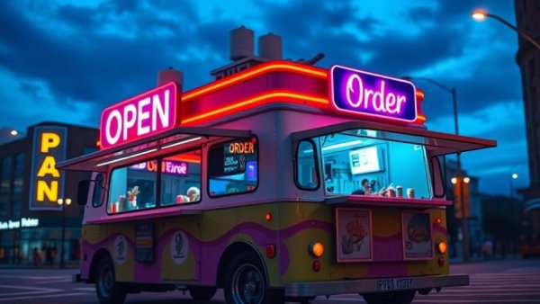 San Francisco local news: vibrant food truck with neon signs.