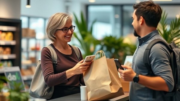 Retail customer receives bag from cashier, AI in Retail for Mother's Day
