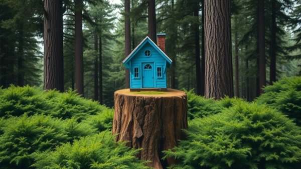Whimsical miniature house on tree stump with lush greenery, San Francisco outdoor scene.