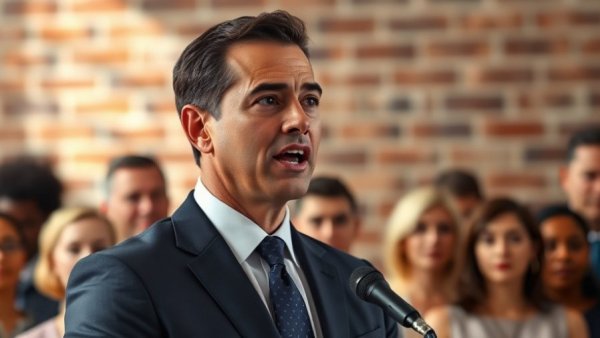 Confident speaker addresses crowd in San Francisco local news setting.