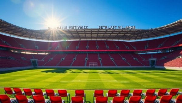 Empty stadium for FIFA World Cup 2026 with red seats and grass field.