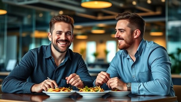 Casual lunch conversation in a lively office setting, symbolizing SaaS industry growth 2026.