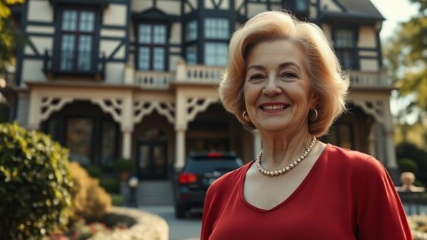 Confident older woman outside Victorian hotel, dynamic pricing strategies in hotels.