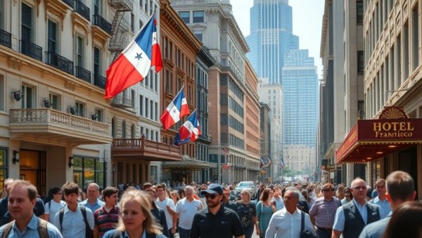 Bustling San Francisco street scene with pedestrians and hotel signs.