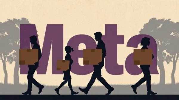 Silhouettes with boxes in front of Meta logo, abstract illustration.