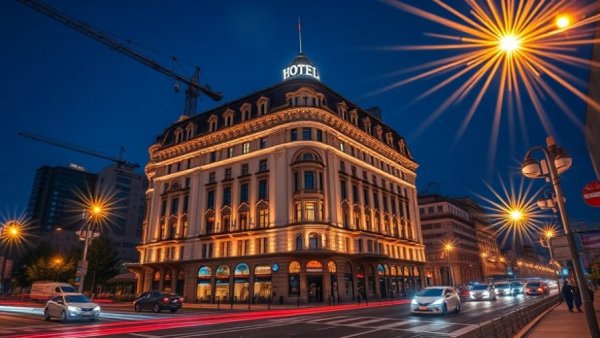 Great Northern Hotel illuminated at night during acquisition.