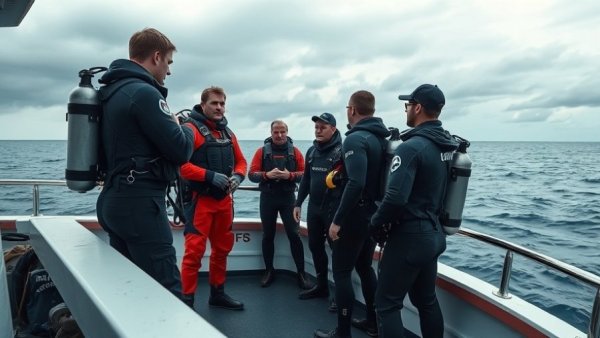 Coast guard divers on boat after Maldives diving accident, overcast sea.