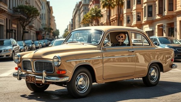Vintage beige classic Volvo with skeleton passenger in San Francisco street