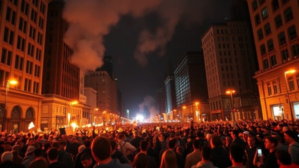 Protesters gather at night with fire, highlighting conspiracy trial tensions.