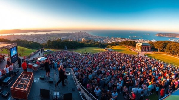 Golden Gate Park concerts with large crowd and sunset in the background