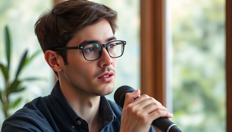 Young man speaking into microphone in an indoor setting, discussing social topics.