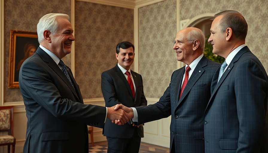 Old man in white robe shaking hands with man in suit in ornate room.