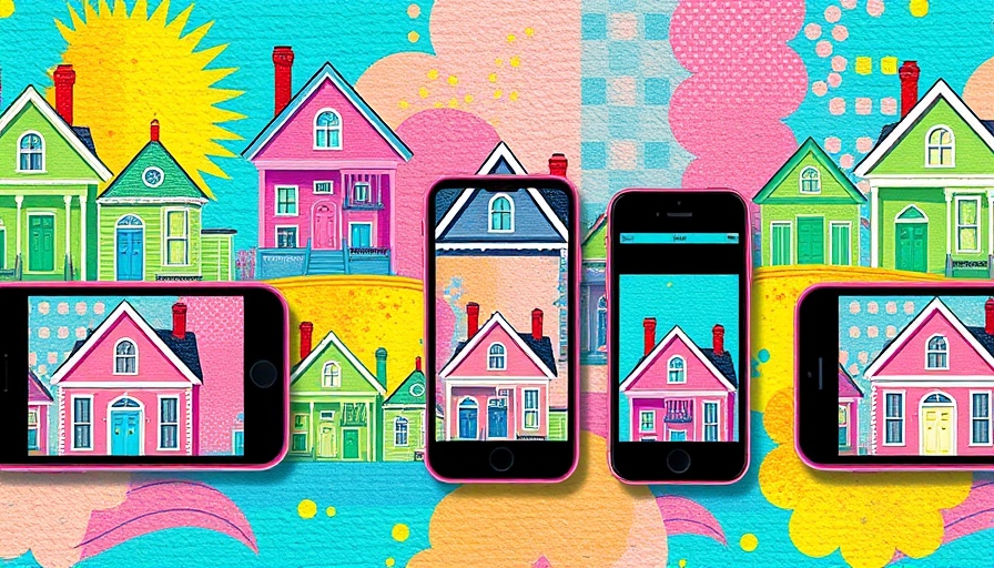 Colorful illustration of phones with Victorian homes for private real estate listings.