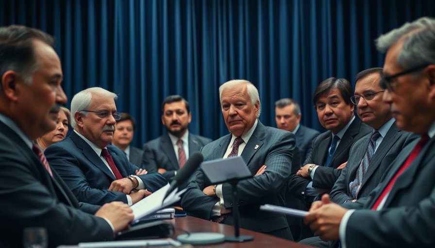 Officials discussing in a formal meeting room with blue curtains.