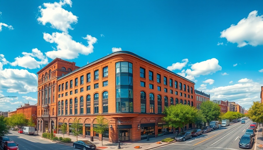 Aerial view of brick building in Showplace Square, Redco acquisition.