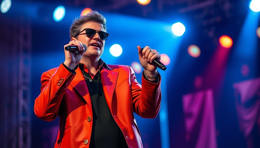 Performer in bold jacket singing on stage with vibrant lights.