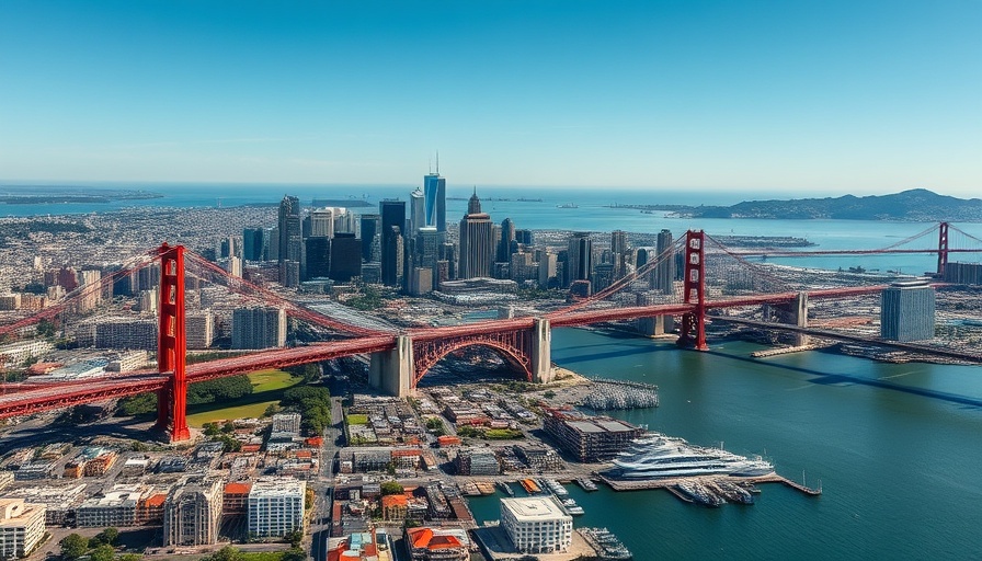 Aerial view of San Francisco skyline and Bay Bridge.