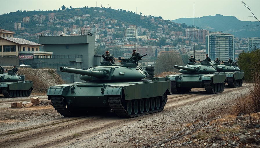 Armored tanks navigating rough urban terrain in hillside backdrop.