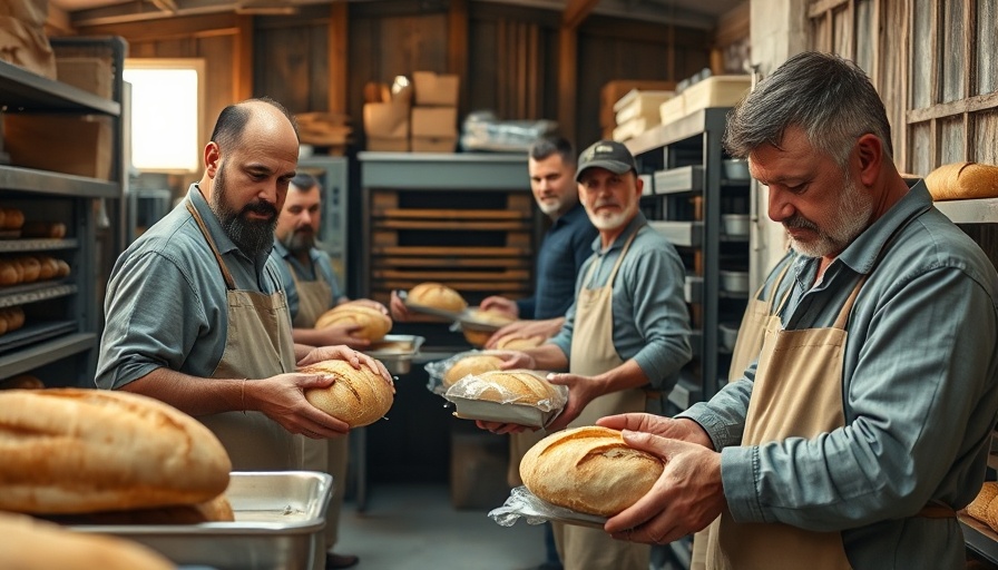 Group of men in bakery packaging bread for humanitarian aid in Gaza.