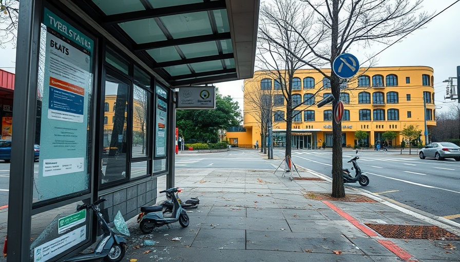 Damaged bus stop in San Francisco with scattered debris, urban scene.