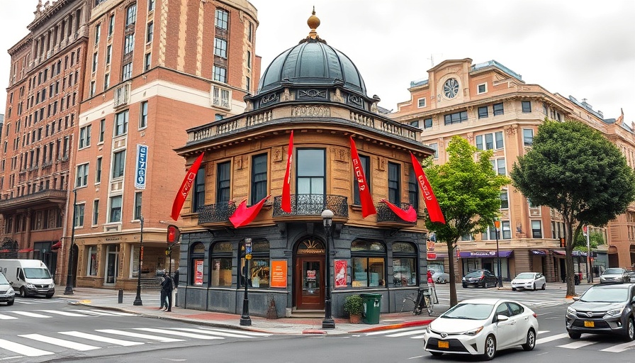 Historic San Francisco building at street corner with red banners.
