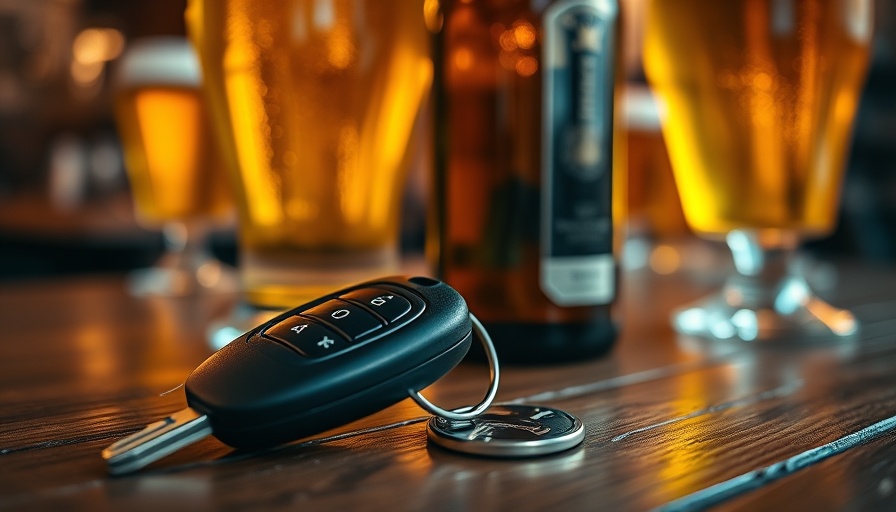 Car key near beer bottle on table in warm pub lighting, DUI awareness.