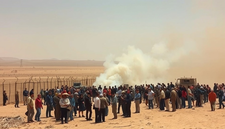Gaza Aid Distribution Incident showing onlookers near smoke in desert.
