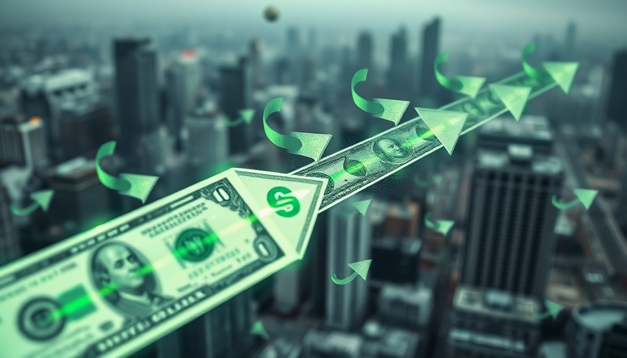 Creative collage of dollar bills with arrows showing money flow, abstract city background.
