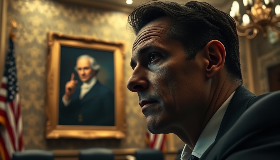 Thoughtful individual in meeting room with historical portrait and American flags.