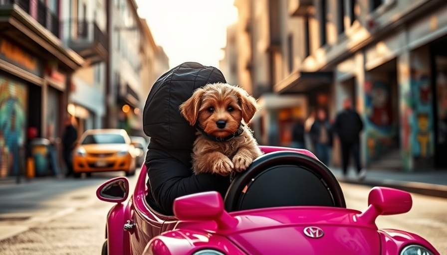 San Francisco local news: Person with puppy in pink toy car on city street.