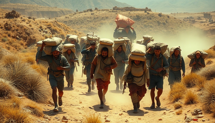 Chaotic scene of people carrying supplies in Gaza's rugged terrain, portraying aid crisis.