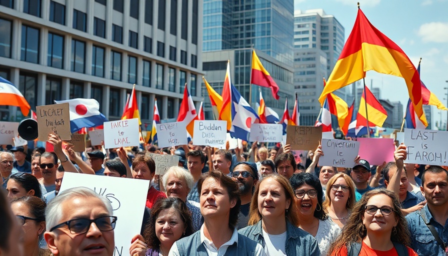 Los Angeles protests immigration rally with diverse crowd and signs.