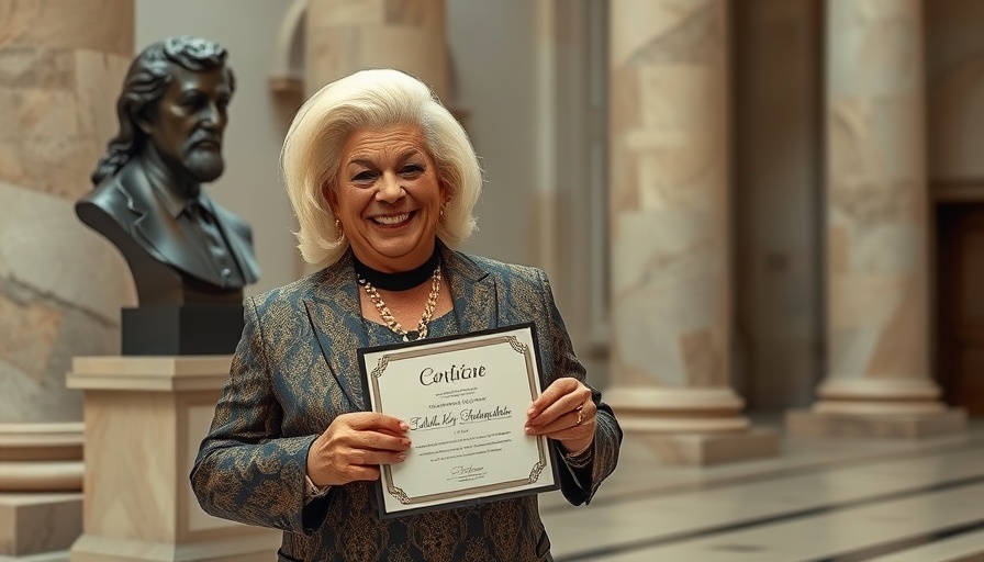 SF Drag Laureate holding certificate beside a statue.