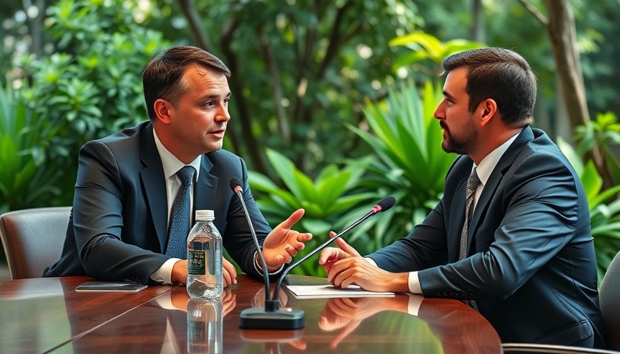 Formal discussion between two men in a conference setting.