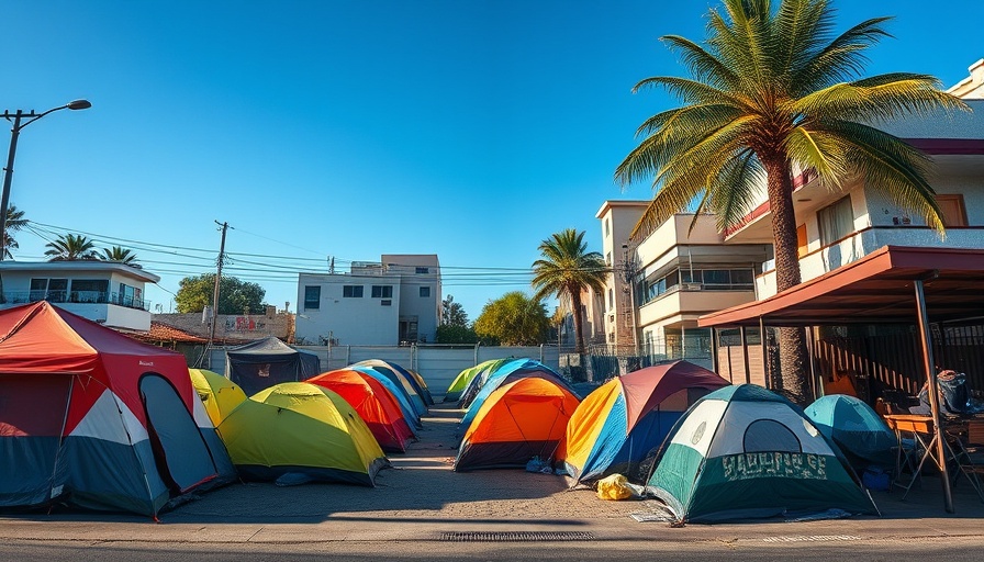 Berkeley homeless encampment ruling scene with tents and palm tree.