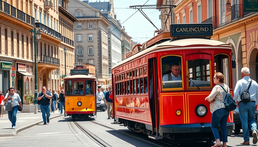 Vibrant streetcar in urban scene, people boarding, sunny day.