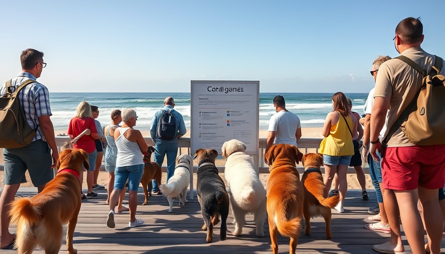 Group at Sunset Dunes boardwalk with ocean backdrop and dogs.