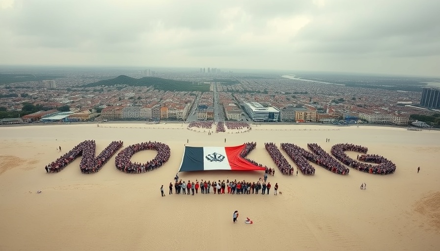 Aerial view of 'NO KING' formation on beach, California economy mass deportations.