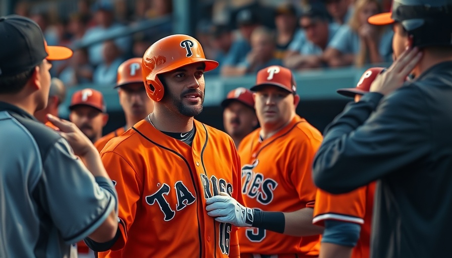 Baseball player in orange jersey celebrates with teammates in dugout.