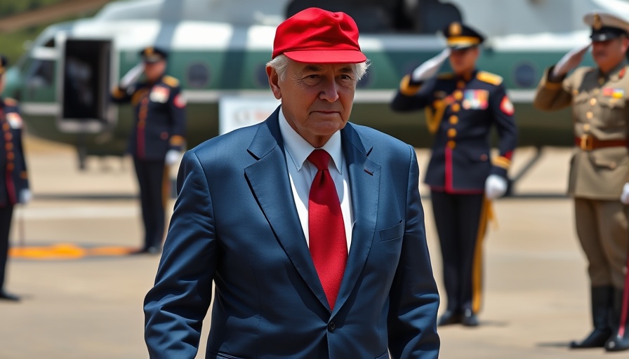 Older man in suit and red cap with military personnel saluting.