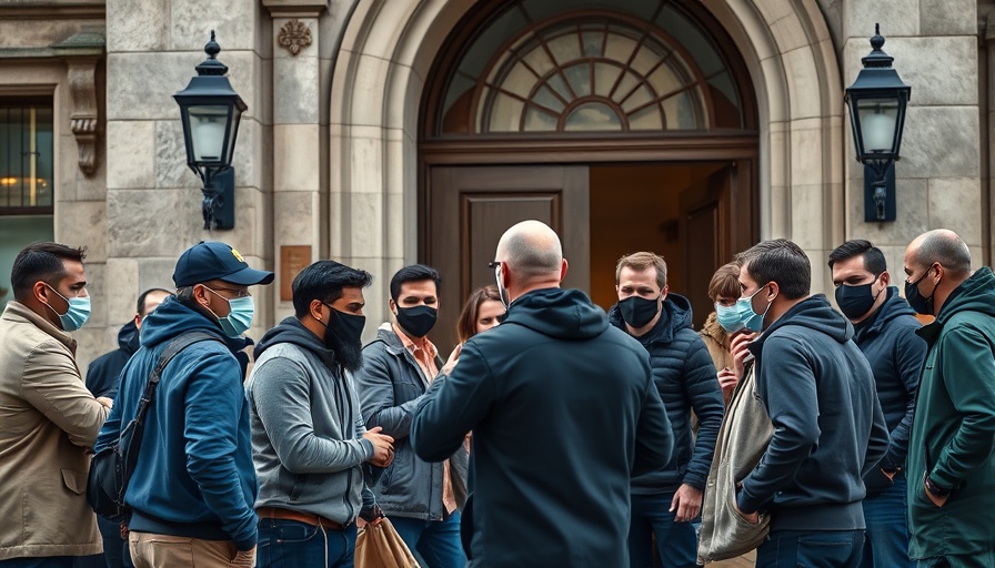 Tense group in a confrontation outside a stone building in San Francisco.